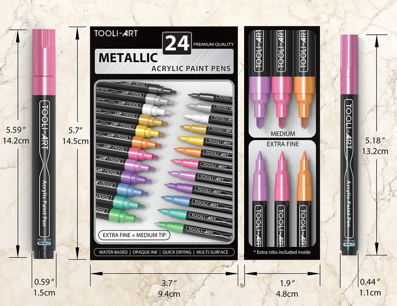 TOOLI-ART Acrylic Paint Markers Paint Pens Special Colors Set Extra Fine And Medium Tip Combo For Rock Painting, Canvas, Fabric, Glass, Mugs, Wood, Ceramics, Plastic, Multi-Surface. Non Toxic, (METALLIC) - Image 5